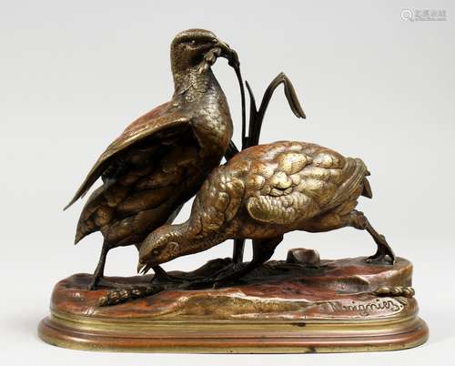 JULES MOIGNIEZ (1835-1894) FRENCH A BRONZE GROUP OF TWO PARTRIDGES. Signed. 9ins long.