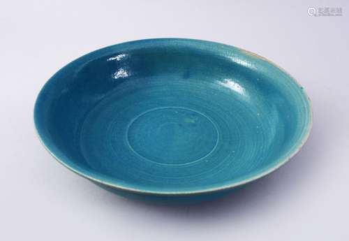 A GOOD CHINESE SONG STYLE TURQUOISE GROUND POTTERY DISH, The base with an impressed mark, 24.5cm.