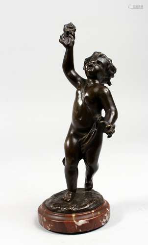 AFTER CLODION A BRONZE FIGURE OF A CUPID, on a circular marble base. Signed. 10ins high.