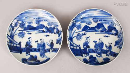 A GOOD PAIR OF 19TH CENTURY JAPANESE BLUE & WHITE PORCELAIN PLATES, each dish decorated in a similar
