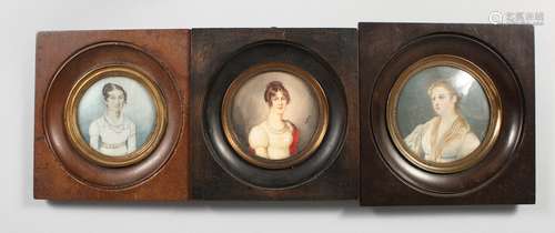 LELEU A circular portrait of a young lady, signed, in a wooden frame, and two others (3).