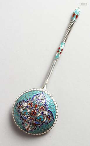 A RUSSIAN SILVER AND ENAMEL SPOON.