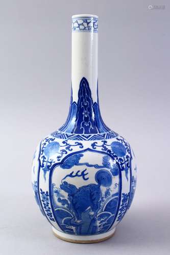 A GOOD CHINESE KANGXI STYLE BLUE & WHITE PORCELAIN BOTTLE VASE, The body decorated with scenes of