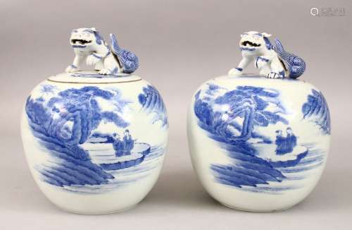 TWO JAPANESE HIRADO STYLE BLUE & WHITE JARS & COVERS, the body of the vases with decoration