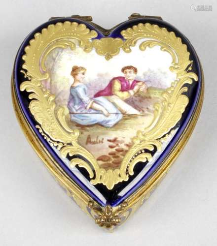 A late 19th century Sevres style heart shaped trinket box,