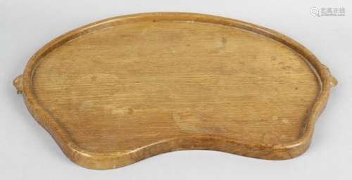 A carved wooden Mouseman tray of kidney shape,