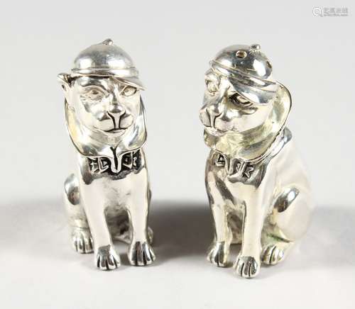 A PAIR OF AMUSING CLOWN DOG SALT AND PEPPERS. 2ins high.