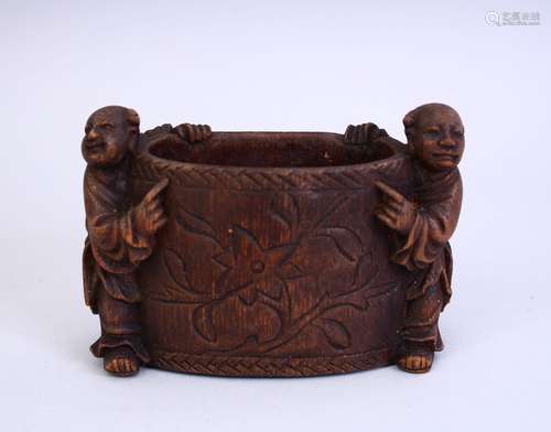 A GOOD 19TH / 20TH CENTURY CHINESE CARVED BAMBOO BRUSH POT - TWO BOYS, the pot carved to depict