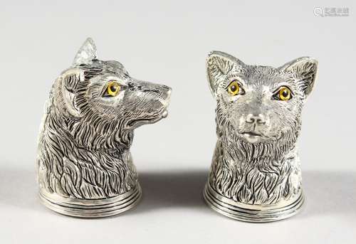 A PAIR OF AMUSING FOXES HEAD SALT AND PEPPERS. 1.5ins high.