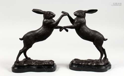 A PAIR OF BRONZE MODELS OF BOXING HARES, on marble bases. 11.5ins high.