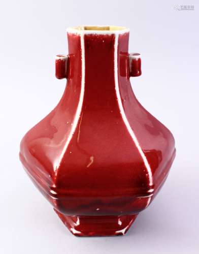 A GOOD CHINESE COPPER RED HEXAGONAL PORCELAIN VASE, the body with ribbed sections with monochrome