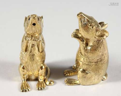 A PAIR OF AMUSING 18CT GOLD-PLATED MICE SALT AND PEPPERS. 2ins high.