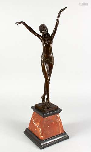 AFTER CHIPARUS AN ART DECO STYLE BRONZE FIGURE OF A DANCER, on a stepped marble base. 22ins high.