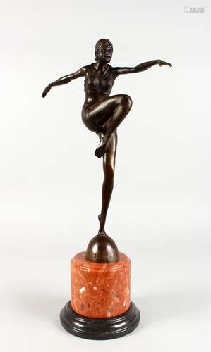 AFTER PHILIP AN ART DECO STYLE BRONZE FIGURE OF A DANCER, on a circular marble base. 22ins high.