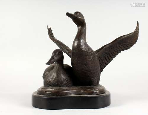 A CAST BRONZE MODEL OF DUCKS SEATED ON A POND, mounted on a marble base. 12ins wide.