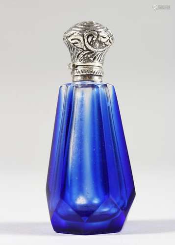 A BRISTOL BLUE GLASS HEXAGONAL SCENT BOTTLE, with silver top. 3ins high.