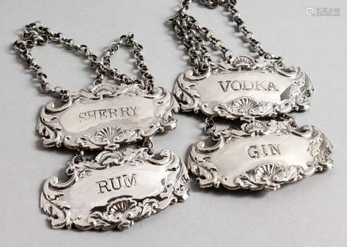 FOUR SILVER WINE LABELS, SHERRY, GIN, VODKA and RUM.