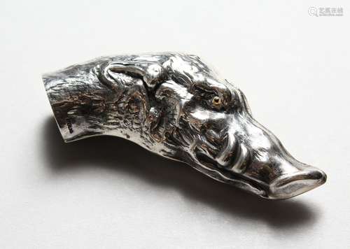 A SILVER-PLATED BOARS HEAD CANE HANDLE. 3ins long.