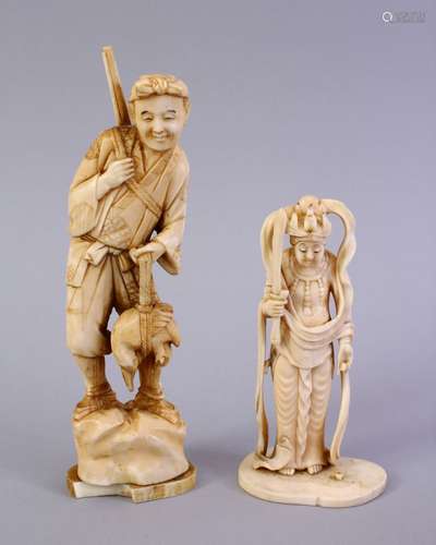 TWO JAPANESE MEIJI PERIOD CARVED IVORY OKIMONOS, one of a hunter holding his catch, 21cm high, the