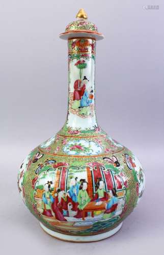 A GOOD 19TH CENTURY CHINESE CANTON FAMILLE ROSE PORCELAIN BOTTLE VASE & LID, with paneled decoration