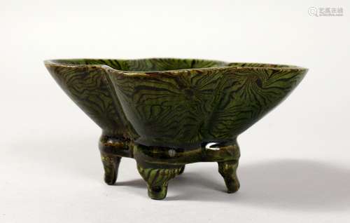 AN SMALL UNUSUAL CHINESE GREEN GLAZED POTTERY LOTUS FORM CENSER. 4ins wide.