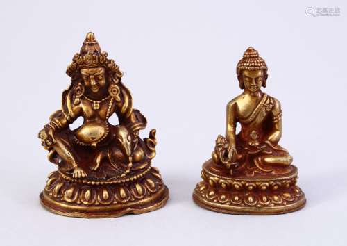 TWO CHINESE GILT BRONZE FIGURES OF DEITY / BUDDHA, both in seated positions, 5cm