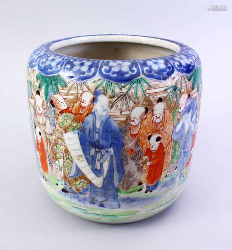 A CHINESE 19TH CENTURY FAMILLE ROSE PORCELAIN JARDINIERE, decorated witih scenes of immortals and