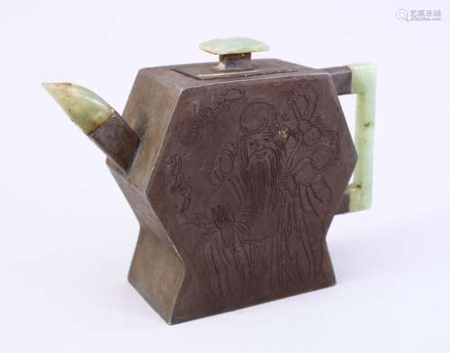 A CHINESE ZINN & JADE TEAPOT, the body of the pot decorated with immortal figure and bats, the