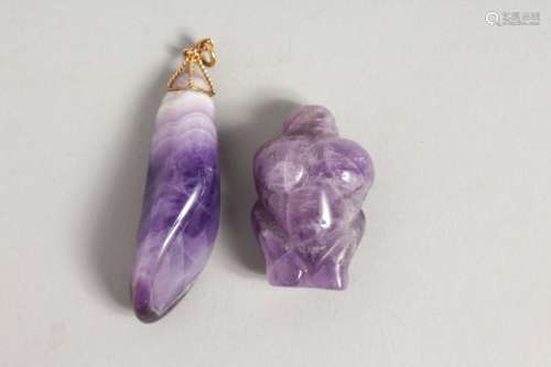 TWO CHINESE AMETHYST COLOURED STONE / CRYSTAL PENDANT AND FIGURE OF A BUST, 6cm & 3.5cm.