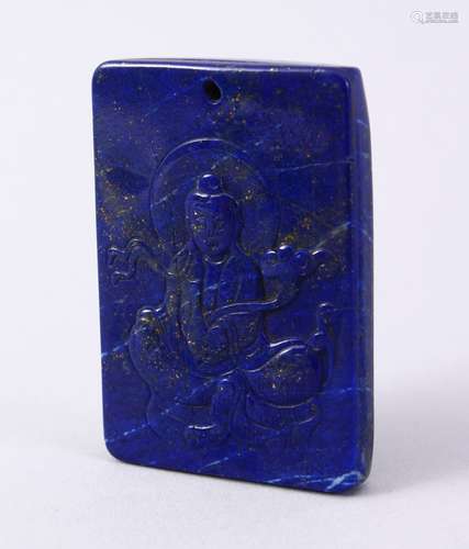 A GOOD CHINESE CARVED LAPIS STONE PENDANT OF BUDDHA / GUANYIN, 5.2CM X 3.6CM .