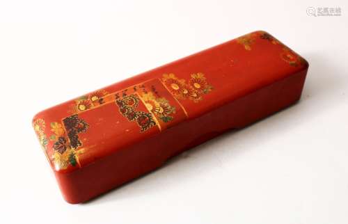A GOOD JAPANESE MEIJI PERIOD RED LACQUER & GILT DECORATED LIDDED BOX, the box decorated with