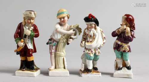 FOUR SMALL CONTINENTAL PORCELAIN FIGURES. 4ins high.