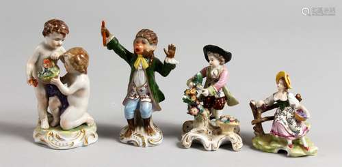 FOUR SMALL CONTINENTAL PORCELAIN FIGURES, a pair of cherubs, a monkey, boy with flowers, and a