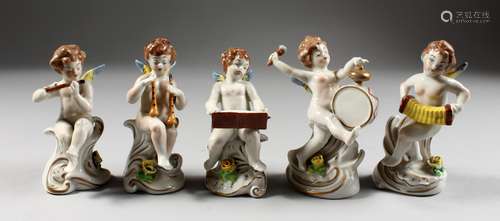 A CAPODIMONTE FIVE PIECE MINIATURE CHERUB BAND. 4.5ins high.