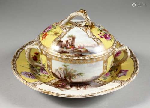 A MID 19TH CENTURY DRESDEN TWIN-HANDLED COMPORT, COVER AND PLATE, painted with alternate panels of