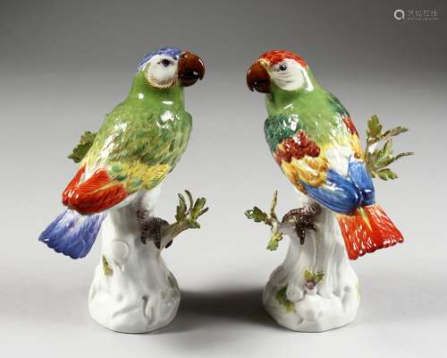 A GOOD PAIR OF MEISSEN PORCELAIN PARAKEETS ON A TREE STUMP. Cross swords mark in blue. 6ins high, in