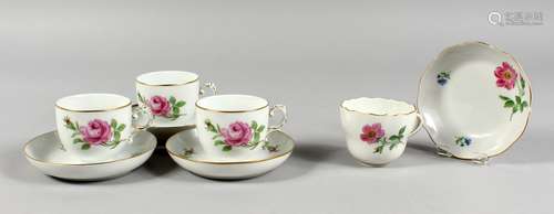 A SMALL MEISSEN FLORAL CUP AND SAUCER, and three similar Furstenberg cups and saucers.