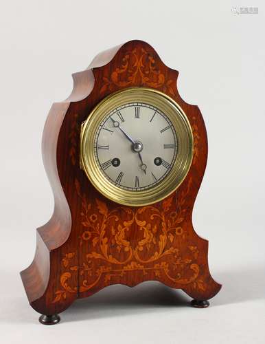 A GOOD SMALL ROSEWOOD AND MARQUETRY CLOCK, with silvered dial, striking on a single bell. 9ins