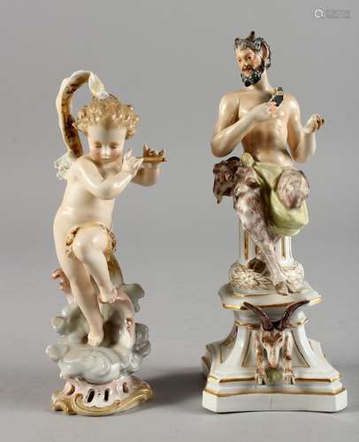 A PORCELAIN SATYR on a pedestal, 8ins high, and a CUPID, 7ins high (2).