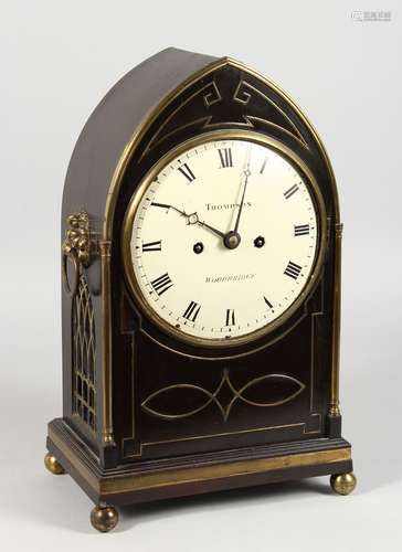 A GOOD REGENCY MAHOGANY CASED ARCHED TOP BRACKET CLOCK by THOMPSON, WOODBRIDGE, white circular dial,