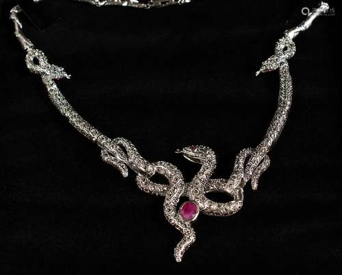 A GOOD SILVER MARCASITE AND RUBY SET SNAKE NECKLACE.