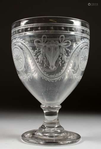A VERY GOOD GOBLET, the bowl etched with rams and motifs. 8ins high.