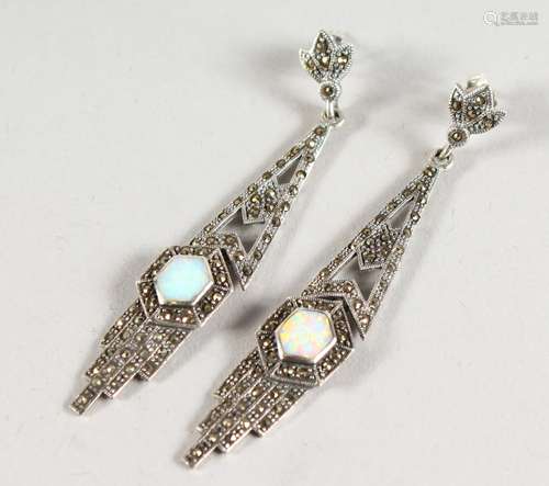 A PAIR OF SILVER, OPAL AND MARCASITE DECO DESIGN DROP EARRINGS.