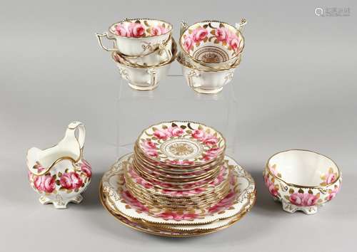 A MATCHING SPODE TEA SET, with gilt decoration painted with roses, comprising seven cups, seven