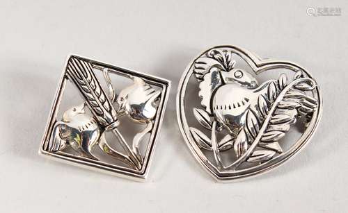 TWO SILVER DANISH BIRD BROOCHES.