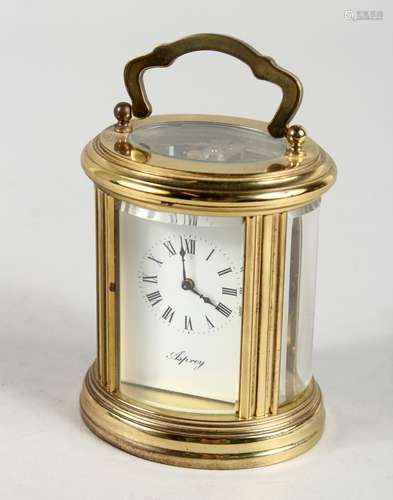 A VERY GOOD SMALL ASPREY FRENCH OVAL CARRIAGE CLOCK, with white dial, black Roman numerals and