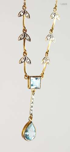 A 9CT GOLD, TOPAZ AND DIAMOND NECKLACE.