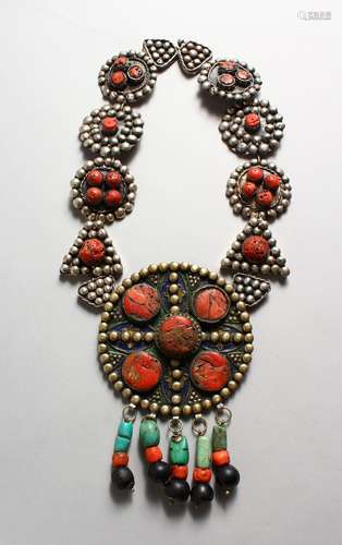 A LARGE ROMAN SILVER BRASS, CORAL SET AND ENAMEL CHATELAINE.