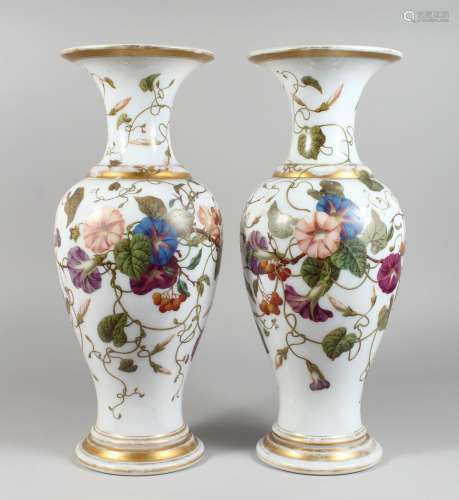 A GOOD, LARGE PAIR OF 19TH CENTURY OPAQUE GLASS VASES, possibly BACCARAT, of baluster form,