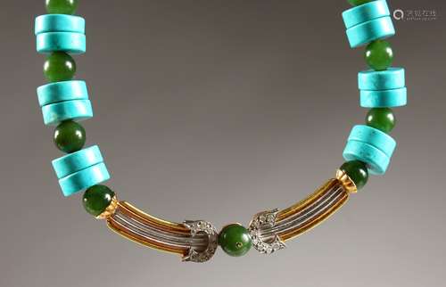 A DIAMOND, TURQUOISE AND JADE BEAD NECKLACE, with 18ct gold clasp.